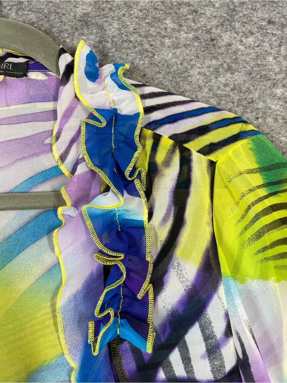 VTG City Girl Y2K Silk Ruffle Cardigan Neon Abstract Medium Resort Boho Festival - Picture 6 of 16